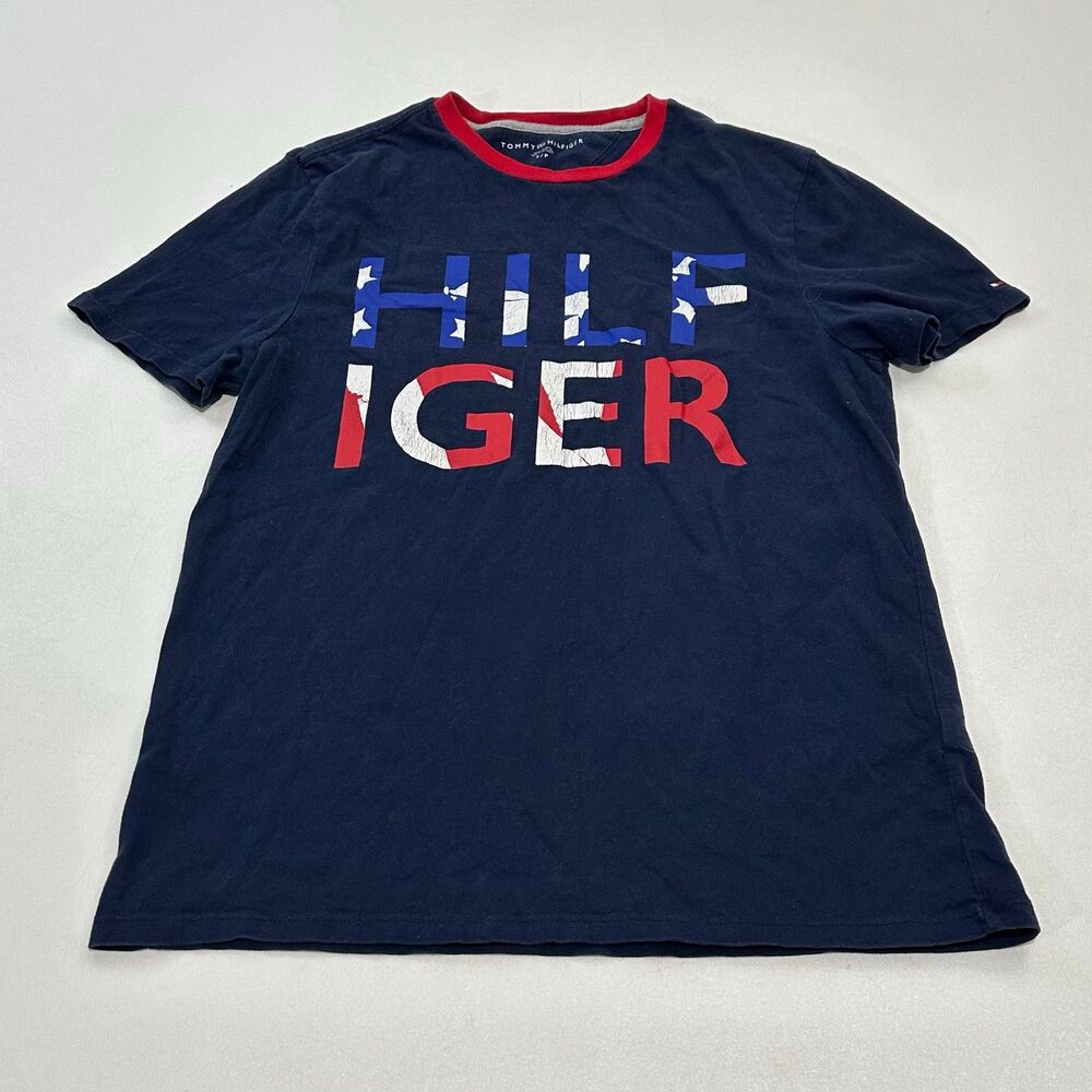 Tommy Hilfiger Men's Crewneck T-Shirt Navy Blue‎ Red Ribbed Collar, Size Small